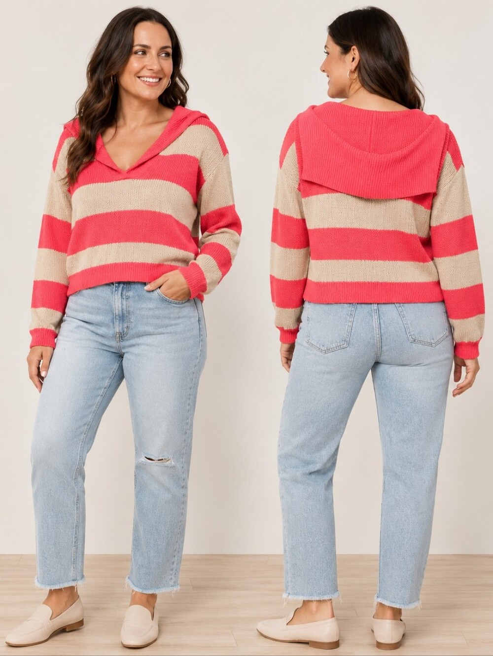 J.Crew Coral & Beige Striped Linen Cotton Hooded Sweater Size S Coastal Preppy • - Picture 1 of 5